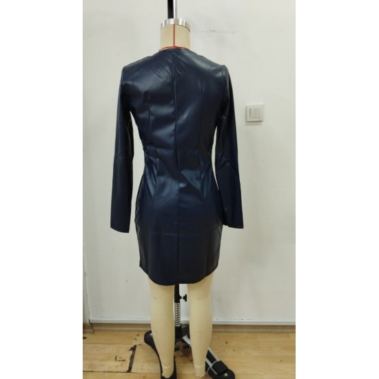 Kadın Uzun Kollu önü Fermuarlı Mini Deri Elbise , 30054