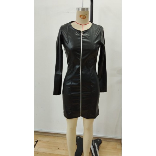 Kadın Uzun Kollu önü Fermuarlı Mini Deri Elbise , 30053