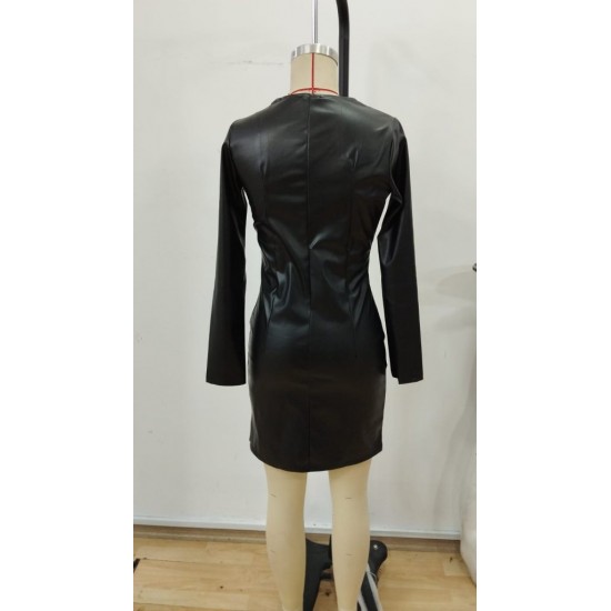 Kadın Uzun Kollu önü Fermuarlı Mini Deri Elbise , 30053