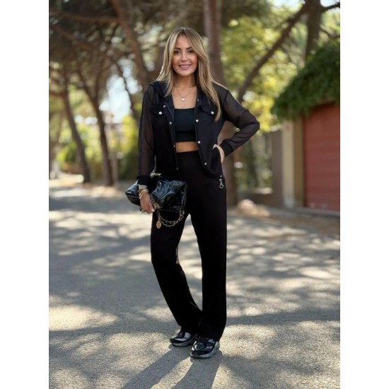 Kadın Uzun Kollu Tül Detaylı önü Düğmeli Viskon Iki Iplik Ceket Ve Pantolon Ikili Takım , 30070