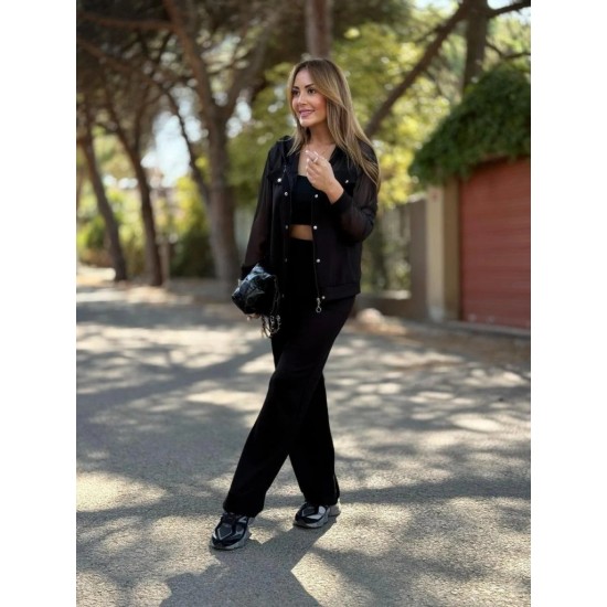 Kadın Uzun Kollu Tül Detaylı önü Düğmeli Viskon Iki Iplik Ceket Ve Pantolon Ikili Takım , 30070