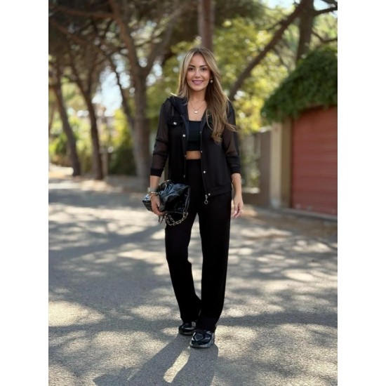 Kadın Uzun Kollu Tül Detaylı önü Düğmeli Viskon Iki Iplik Ceket Ve Pantolon Ikili Takım , 30070