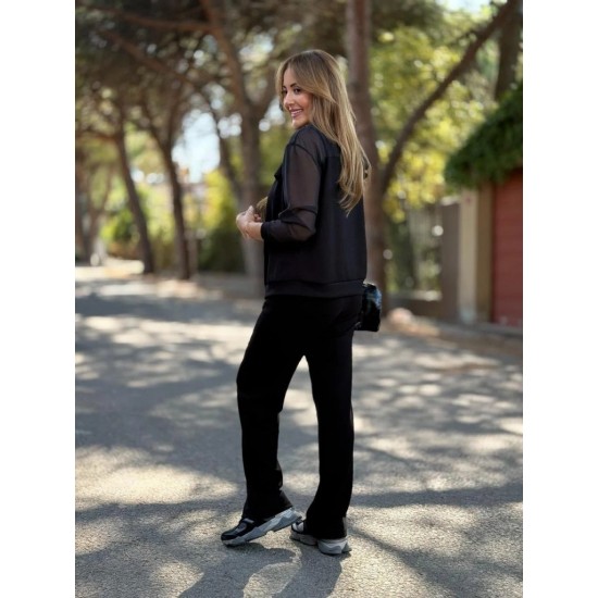 Kadın Uzun Kollu Tül Detaylı önü Düğmeli Viskon Iki Iplik Ceket Ve Pantolon Ikili Takım , 30070