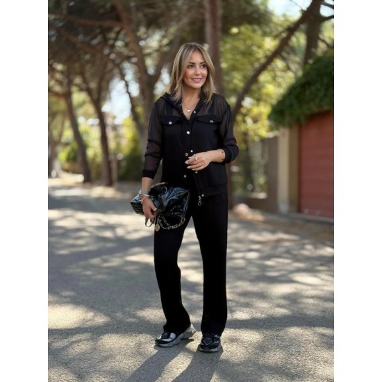 Kadın Uzun Kollu Tül Detaylı önü Düğmeli Viskon Iki Iplik Ceket Ve Pantolon Ikili Takım , 30070