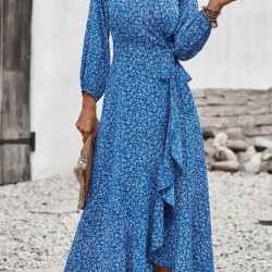 Kadın Uzun Kollu Kruvaze Yaka Yandan Bağlamalı önden Fırfır Detaylı Süprem Uzun Elbise, 30068