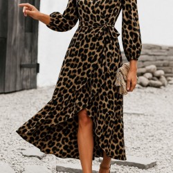 Kadın Uzun Kollu Kruvaze Yaka Yandan Bağlamalı önden Fırfır Detaylı Süprem Uzun Elbise , 30067