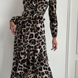 Kadın Uzun Kollu Kruvaze Yaka Yandan Bağlamalı önden Fırfır Detaylı Süprem Uzun Elbise , 30067