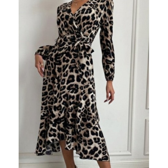 Kadın Uzun Kollu Kruvaze Yaka Yandan Bağlamalı önden Fırfır Detaylı Süprem Uzun Elbise , 30067