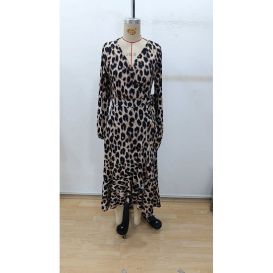 Kadın Uzun Kollu Kruvaze Yaka Yandan Bağlamalı önden Fırfır Detaylı Süprem Uzun Elbise , 30067