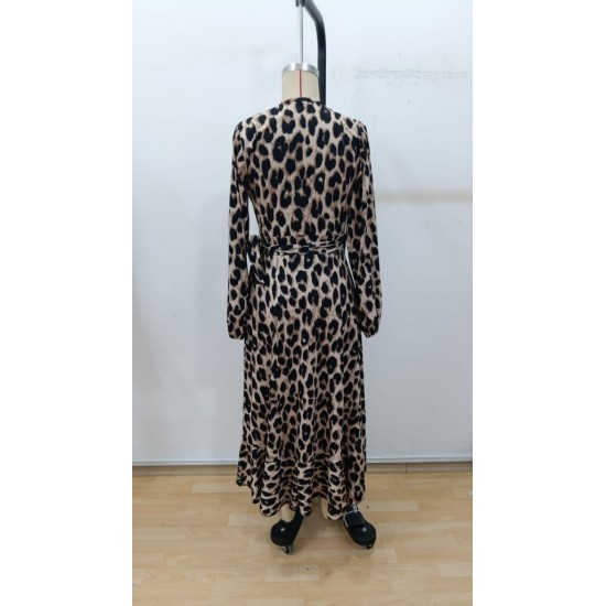 Kadın Uzun Kollu Kruvaze Yaka Yandan Bağlamalı önden Fırfır Detaylı Süprem Uzun Elbise , 30067