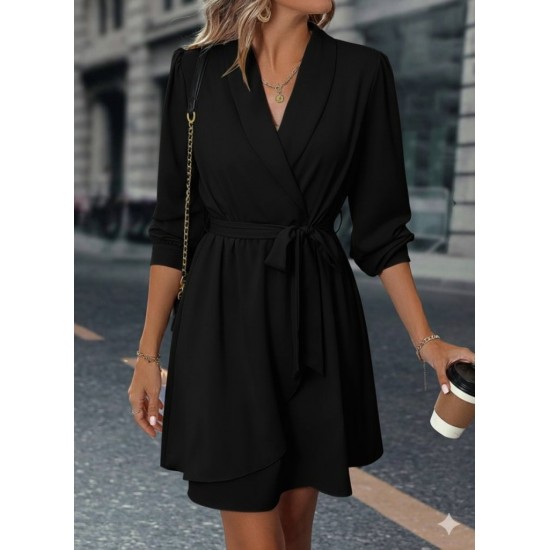 Kadın Uzun Kollu Kruvaze Yakalı Belden Kuşaklı Mini çift Katlı Ithal Krep Elbise , 30063 Kadın Uzun Kollu Kruvaze Yakalı Belden Kuşaklı Mini çift Katlı Ithal Krep Elbise , 30063