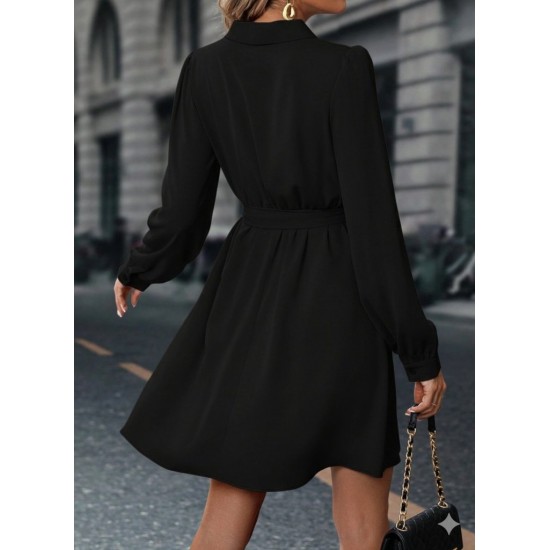 Kadın Uzun Kollu Kruvaze Yakalı Belden Kuşaklı Mini çift Katlı Ithal Krep Elbise , 30063 Kadın Uzun Kollu Kruvaze Yakalı Belden Kuşaklı Mini çift Katlı Ithal Krep Elbise , 30063