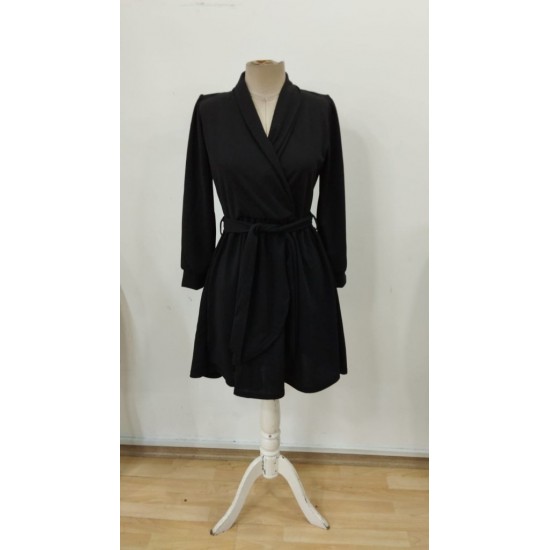 Kadın Uzun Kollu Kruvaze Yakalı Belden Kuşaklı Mini çift Katlı Ithal Krep Elbise , 30063 Kadın Uzun Kollu Kruvaze Yakalı Belden Kuşaklı Mini çift Katlı Ithal Krep Elbise , 30063