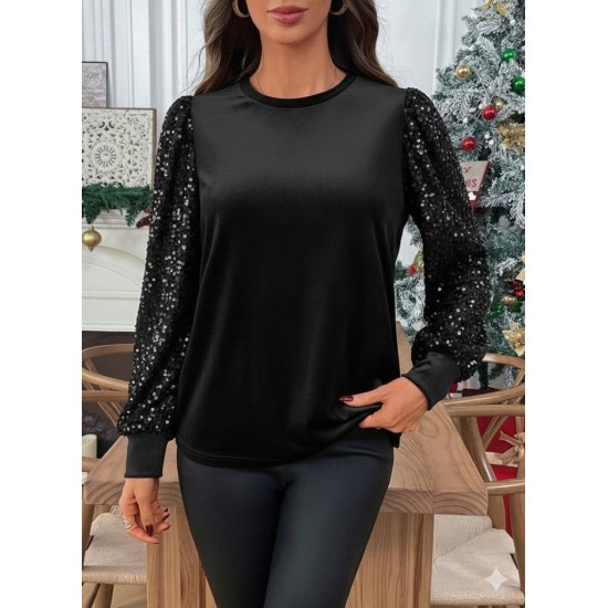 Kadın Uzun Kollu Bisiklet Yaka Kollar Pulpayet Kadife Bluz , 30078 Kadın Uzun Kollu Bisiklet Yaka Kollar Pulpayet Kadife Bluz , 30078