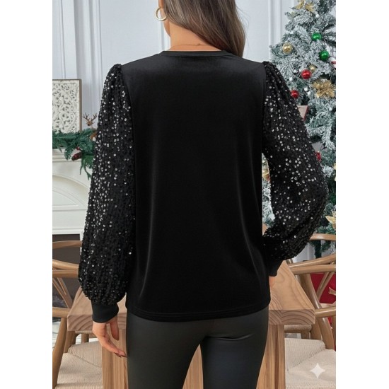 Kadın Uzun Kollu Bisiklet Yaka Kollar Pulpayet Kadife Bluz , 30078 Kadın Uzun Kollu Bisiklet Yaka Kollar Pulpayet Kadife Bluz , 30078