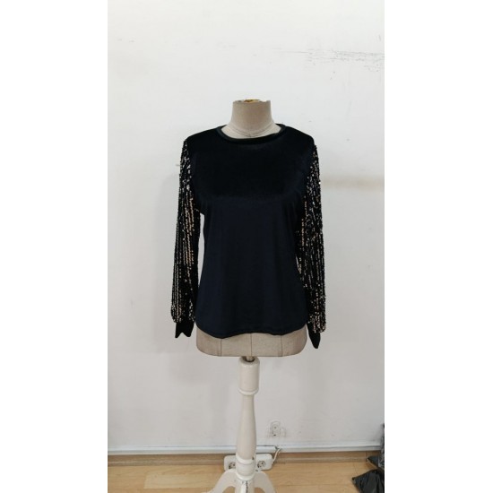 Kadın Uzun Kollu Bisiklet Yaka Kollar Pulpayet Kadife Bluz , 30078 Kadın Uzun Kollu Bisiklet Yaka Kollar Pulpayet Kadife Bluz , 30078