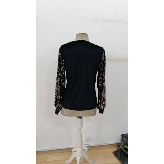 Kadın Uzun Kollu Bisiklet Yaka Kollar Pulpayet Kadife Bluz , 30078 Kadın Uzun Kollu Bisiklet Yaka Kollar Pulpayet Kadife Bluz , 30078