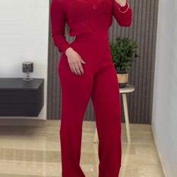 Kadın Uzun Kollu Yuvarlak Yaka Transparan Detaylı Triko Bluz Ve Pantolon Ikili Takım, 30076