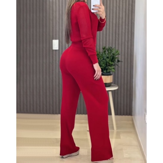 Kadın Uzun Kollu Yuvarlak Yaka Transparan Detaylı Triko Bluz Ve Pantolon Ikili Takım, 30076 Kadın Uzun Kollu Yuvarlak Yaka Transparan Detaylı Triko Bluz Ve Pantolon Ikili Takım, 30076