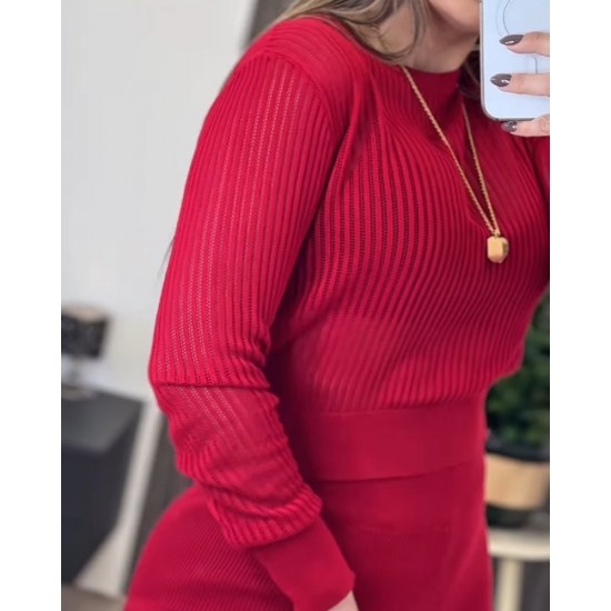 Kadın Uzun Kollu Yuvarlak Yaka Transparan Detaylı Triko Bluz Ve Pantolon Ikili Takım, 30076 Kadın Uzun Kollu Yuvarlak Yaka Transparan Detaylı Triko Bluz Ve Pantolon Ikili Takım, 30076