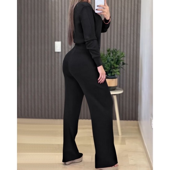 Kadın Uzun Kollu Yuvarlak Yaka Transparan Detaylı Triko Bluz Ve Pantolon Ikili Takım , 30075 Kadın Uzun Kollu Yuvarlak Yaka Transparan Detaylı Triko Bluz Ve Pantolon Ikili Takım , 30075