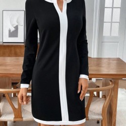 Kadın Uzun Kollu Yuvarlak V Yakalı şerit Detaylı Modal Mini Elbise , 30074