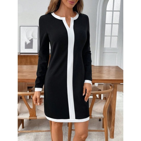 Kadın Uzun Kollu Yuvarlak V Yakalı şerit Detaylı Modal Mini Elbise , 30074