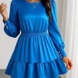 Kadın Uzun Kollu Bisiklet Yaka Beli Lastikli Fırfırlı Ithal Krep Elbise, 30089