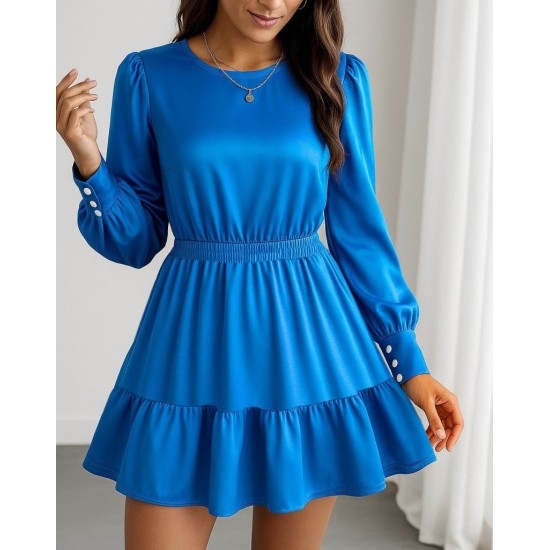 Kadın Uzun Kollu Bisiklet Yaka Beli Lastikli Fırfırlı Ithal Krep Elbise, 30089 Kadın Uzun Kollu Bisiklet Yaka Beli Lastikli Fırfırlı Ithal Krep Elbise, 30089