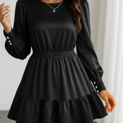 Kadın Uzun Kollu Bisiklet Yaka Beli Lastikli Fırfırlı Ithal Krep Elbise, 30088