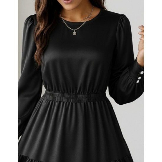 Kadın Uzun Kollu Bisiklet Yaka Beli Lastikli Fırfırlı Ithal Krep Elbise, 30088 Kadın Uzun Kollu Bisiklet Yaka Beli Lastikli Fırfırlı Ithal Krep Elbise, 30088