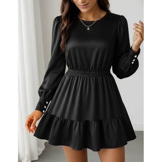 Kadın Uzun Kollu Bisiklet Yaka Beli Lastikli Fırfırlı Ithal Krep Elbise, 30088 Kadın Uzun Kollu Bisiklet Yaka Beli Lastikli Fırfırlı Ithal Krep Elbise, 30088