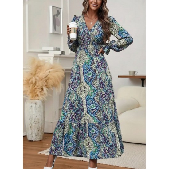 Kadın Uzun Kollu Kruvaze Yakalı Desenli Süprem Maxi Elbise, 30084