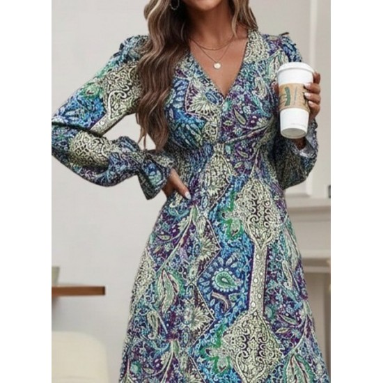 Kadın Uzun Kollu Kruvaze Yakalı Desenli Süprem Maxi Elbise, 30084