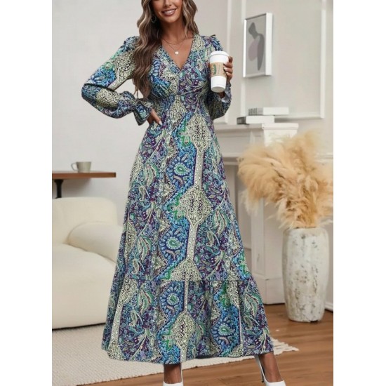 Kadın Uzun Kollu Kruvaze Yakalı Desenli Süprem Maxi Elbise, 30084