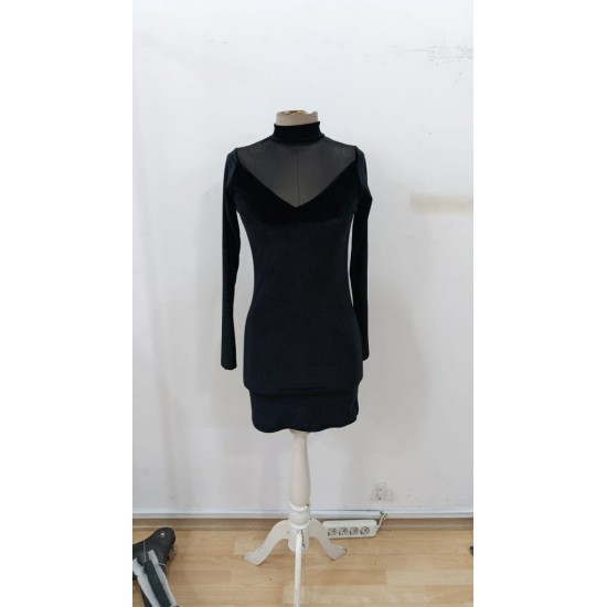 Kadın Uzun Kollu Balıkçı Yaka Tül Detaylı Mini Kadife Elbise , 30104 Kadın Uzun Kollu Balıkçı Yaka Tül Detaylı Mini Kadife Elbise , 30104