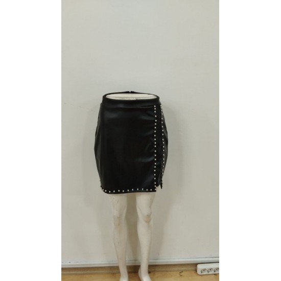 Kadın Yüksek Belli Yandan çivili Mini Deri Etek , 30103