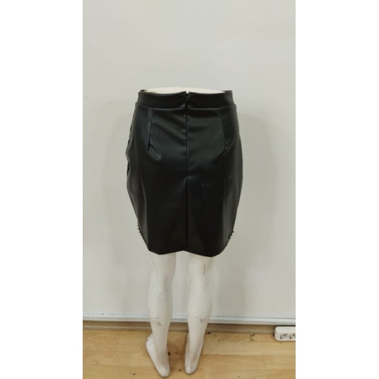 Kadın Yüksek Belli Yandan çivili Mini Deri Etek , 30103