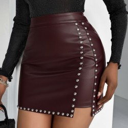 Kadın Yüksek Belli Yandan çivili Mini Deri Etek , 30102