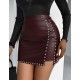 Kadın Yüksek Belli Yandan çivili Mini Deri Etek , 30102