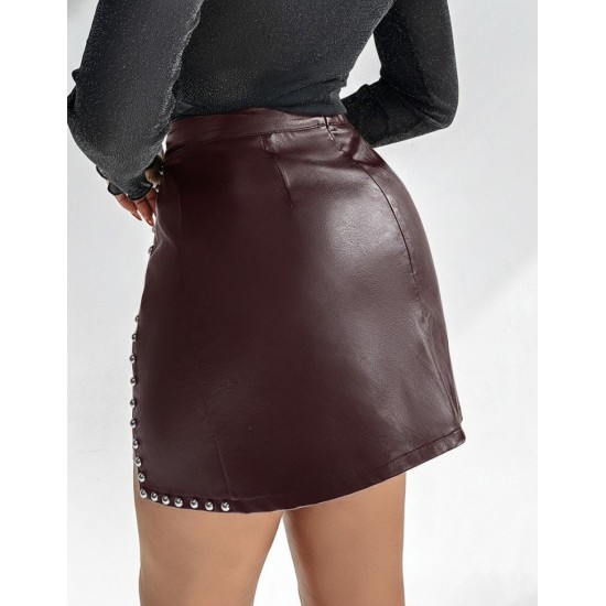 Kadın Yüksek Belli Yandan çivili Mini Deri Etek , 30102