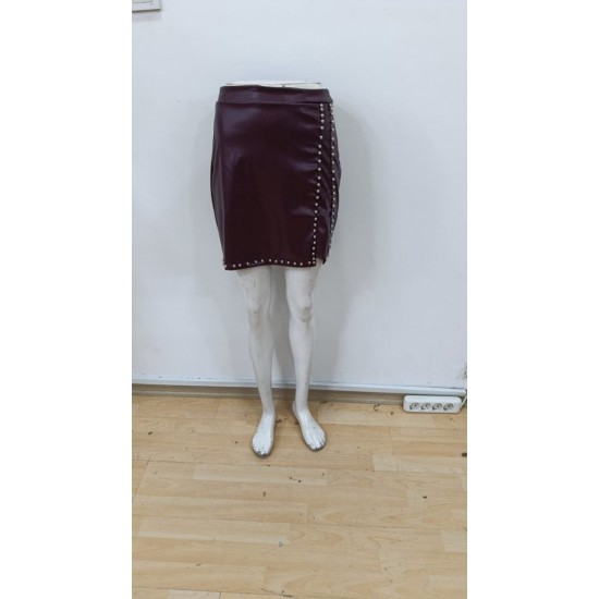 Kadın Yüksek Belli Yandan çivili Mini Deri Etek , 30102