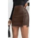 Kadın Yüksek Belli Yandan çivili Mini Deri Etek , 30101