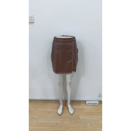 Kadın Yüksek Belli Yandan çivili Mini Deri Etek , 30101
