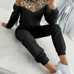 Kadın Uzun Kollu Omuzlardan Açık Leopar Desenli Kapşonlu Viskon Iki Iplik Bluz Ve Pantolon Ikili Takım , 30096