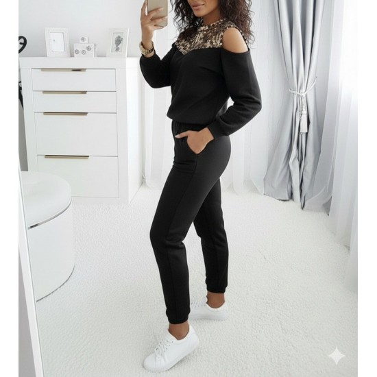 Kadın Uzun Kollu Omuzlardan Açık Leopar Desenli Kapşonlu Viskon Iki Iplik Bluz Ve Pantolon Ikili Takım , 30096