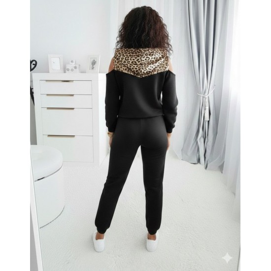 Kadın Uzun Kollu Omuzlardan Açık Leopar Desenli Kapşonlu Viskon Iki Iplik Bluz Ve Pantolon Ikili Takım , 30096