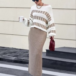 Kadın Uzun Kollu Kayık Yakalı Salaş Triko Bluz Ve Etek Ikili Takım , 30095