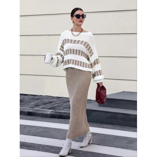 Kadın Uzun Kollu Kayık Yakalı Salaş Triko Bluz Ve Etek Ikili Takım , 30095 Kadın Uzun Kollu Kayık Yakalı Salaş Triko Bluz Ve Etek Ikili Takım , 30095