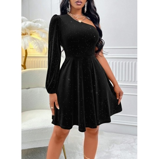 Kadın Tek Omuzdan Açık Uzun Kollu Taşlı Mini Elbise , 30111